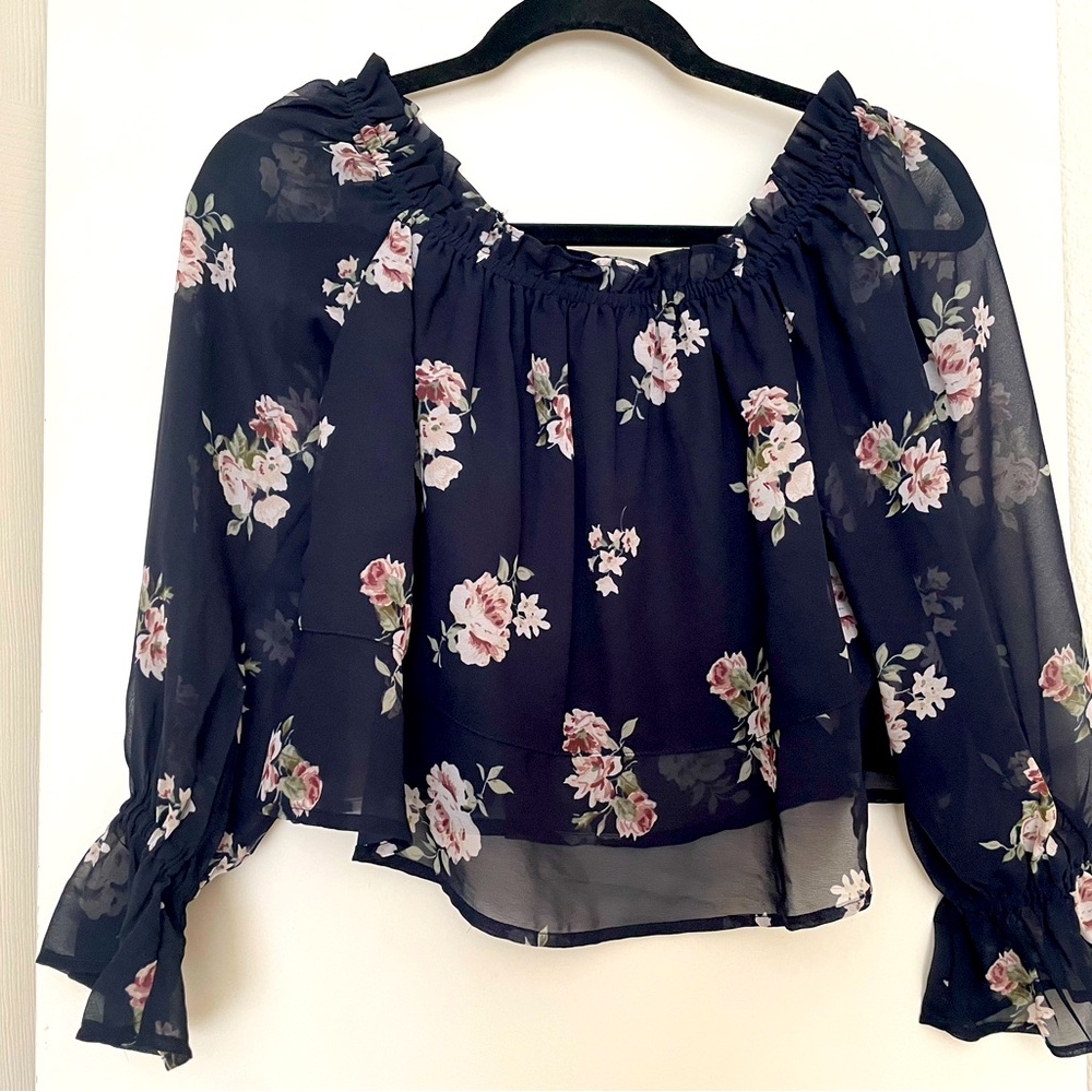 Navy Chiffon Blouse Wide Neck Sheer Lined Mini Floral Cropped NWOT